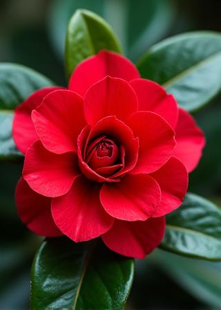 A vibrant red camellia flower with glossy green leaves.