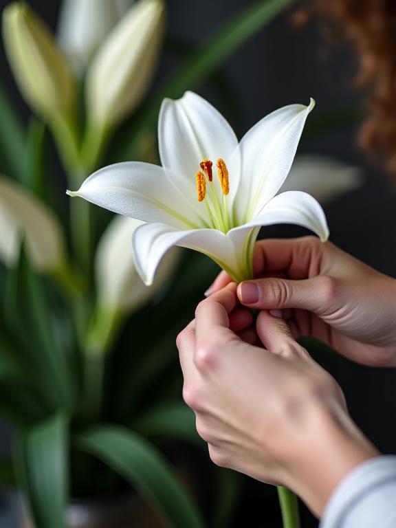 Close-up of a florist's hands delicately arranging a white lily, representing care and dedication.