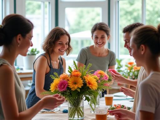 A group of people smiling as they learn to arrange flowers during a workshop in a bright studio.