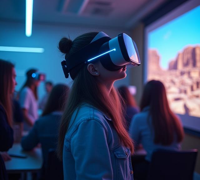 Students using virtual reality to explore archaeological sites in immersive education
